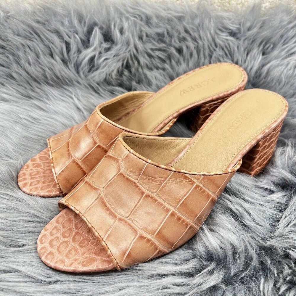 J. Crew Croc Embossed Leather Peep Toe Block Heel Slide Sandals Womens Sz 8 NEW - Picture 1 of 8